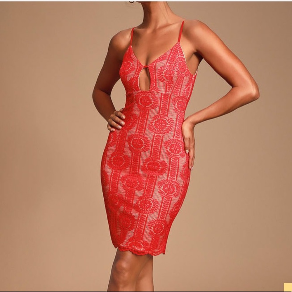 Lulu’s Avianna Red and Nude Lace Bodycon Dress